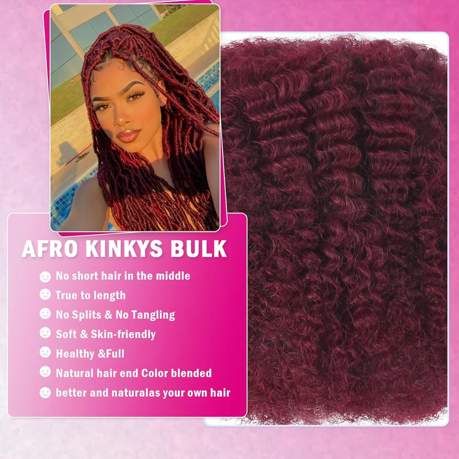 Afro Kinkys Bulk Human Hair For Braiding 14 inch Burgundy Afro Kinky Curly 100% Real Human Hair Bulk for Dreadlocks Mini Twist Crochet Braids Hair Extensions 50g/pack 99j