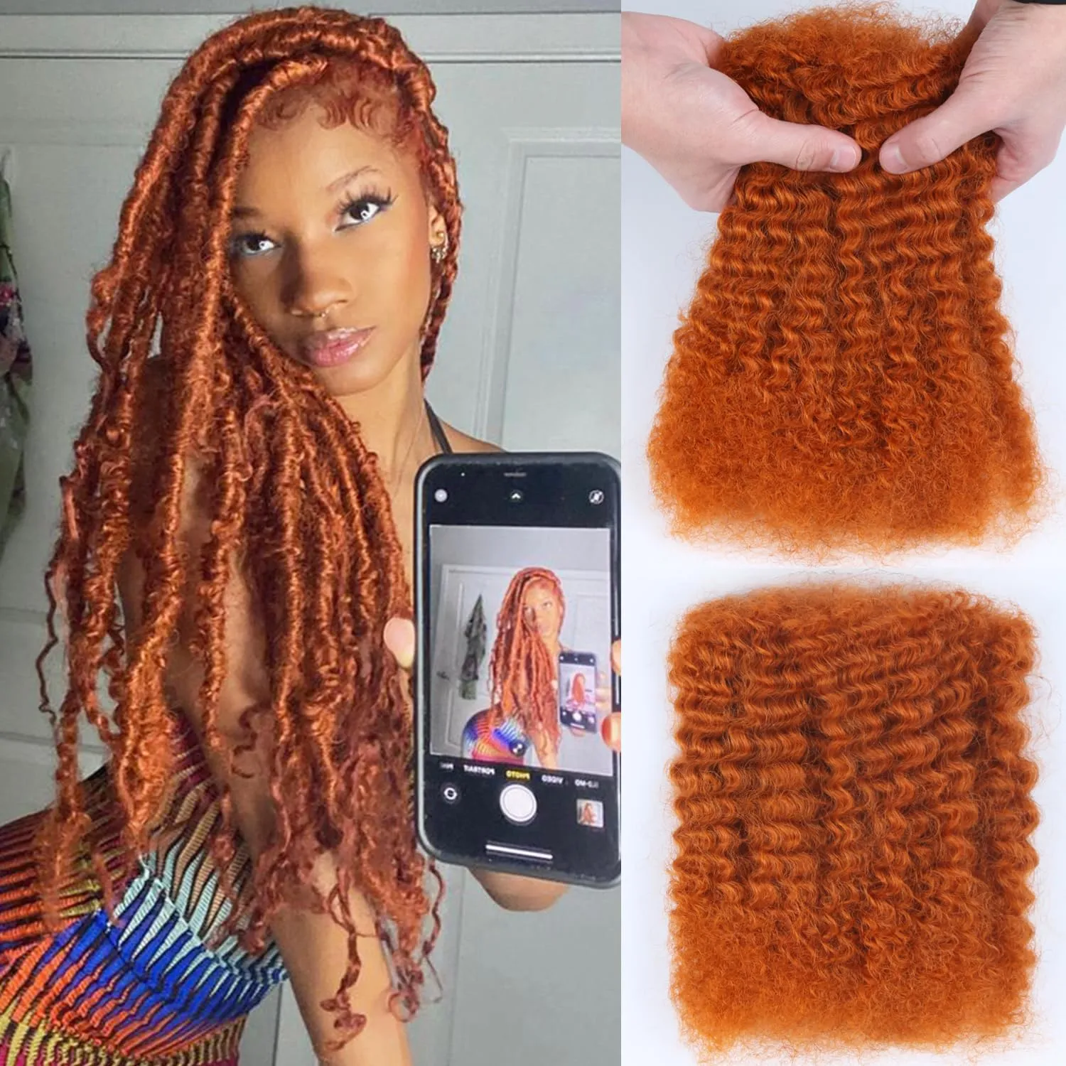 Afro Kinkys Bulk Human Hair For Braiding 14 inch Orange Ginger Afro Kinky Curly 100% Real Human Hair Bulk for Dreadlocks Mini Twist Crochet Braids Hair Extensions 50g