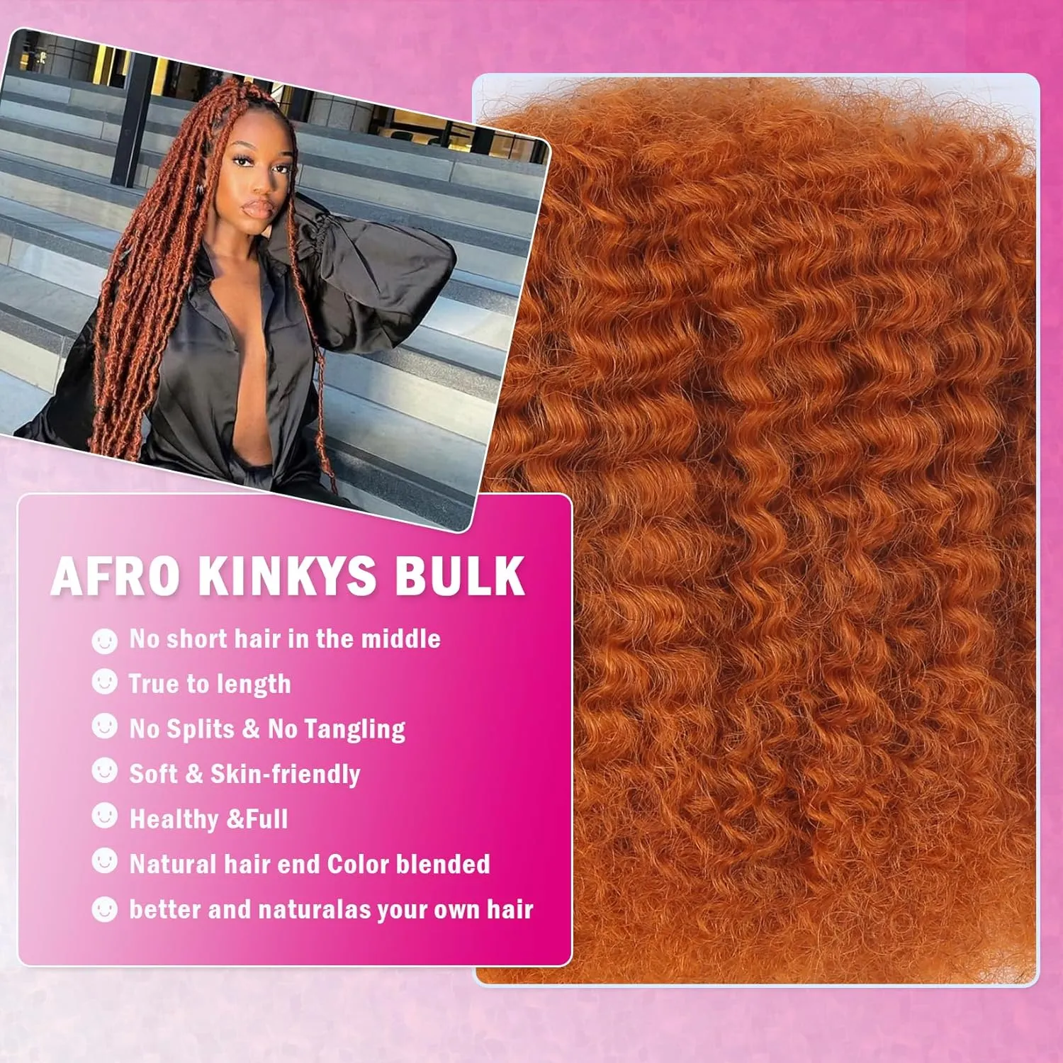 Afro Kinkys Bulk Human Hair For Braiding 14 inch Orange Ginger Afro Kinky Curly 100% Real Human Hair Bulk for Dreadlocks Mini Twist Crochet Braids Hair Extensions 50g