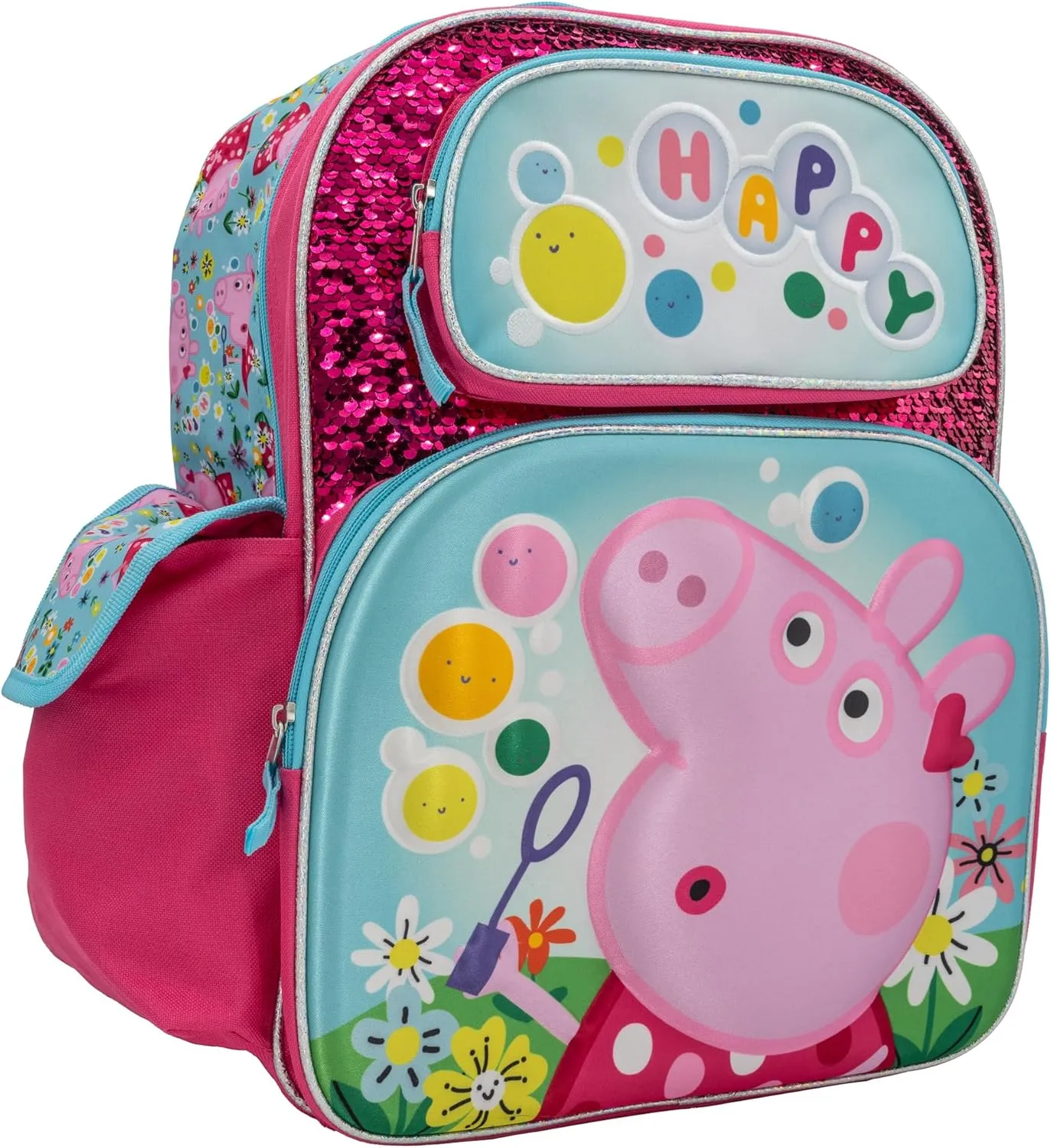 AI ACCESSORY INNOVATIONS Peppa Pig 16” Backpack, Girls Travel Bag Featuring Flip Sequins & 3D Molded Satin Front Zip Pocket, Pink