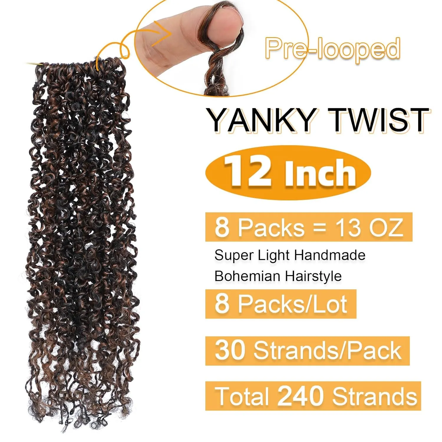 Aksice 12 Inch 8 Packs Yanky Twist Crochet Hair for Women Pre-looped Mini Twist Hair Bohemian Passion Twist Crochet Hair Boho Crochet Braids Synthetic (1BH30)