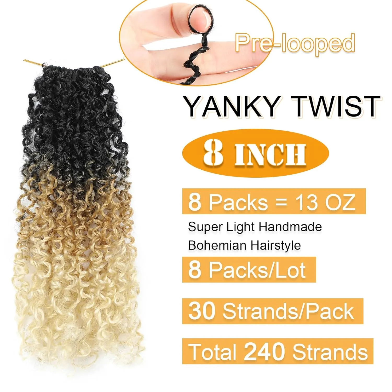 Aksice 8 Inch 8 Packs Yanky Twist Crochet Hair for Women Pre-looped Mini Twist Hair Bohemian Passion Twist Crochet Hair Boho Crochet Braids Synthetic (1B/27/613)