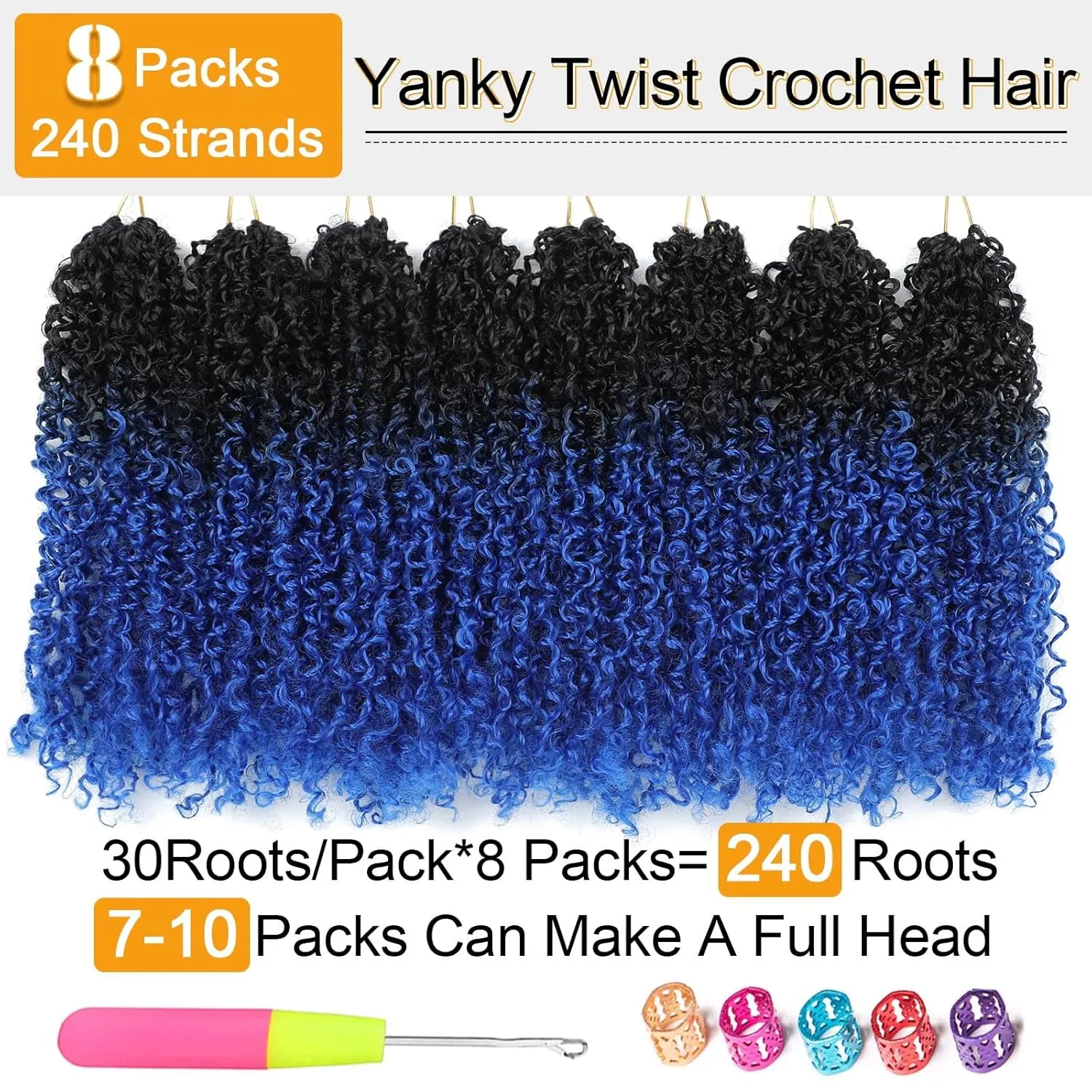 Aksice 8 Inch 8 Packs Yanky Twist Crochet Hair for Women Pre-looped Mini Twist Hair Bohemian Passion Twist Crochet Hair Boho Crochet Braids Synthetic (1B/Blue)