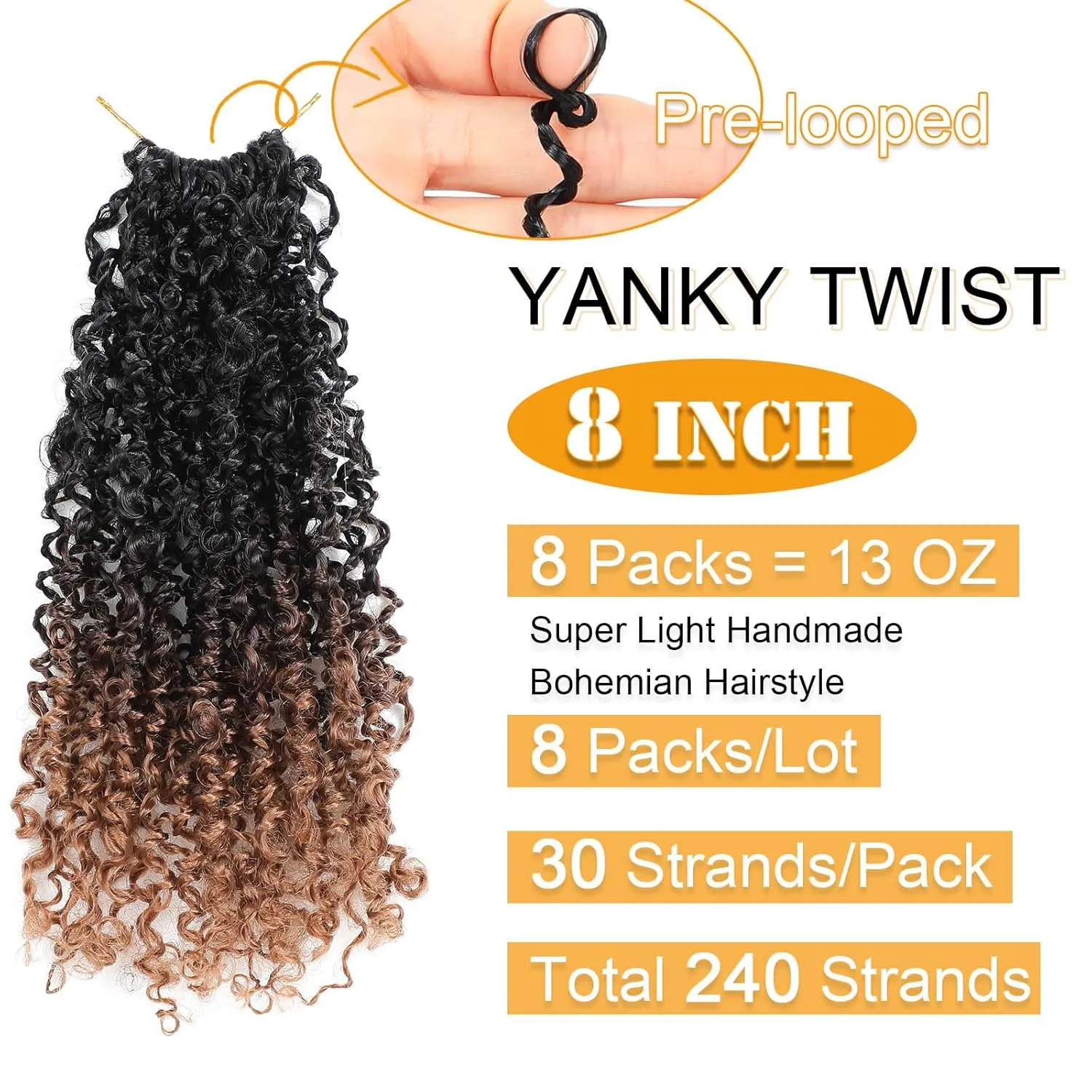 Aksice Pre-looped Yanky Twist Crochet Hair 8 Inch 8 Packs Bohemian Passion Twist Spring Mini Twist Crochet Hair for Black Women Boho Crochet Braids Synthetic (1B/4/30)