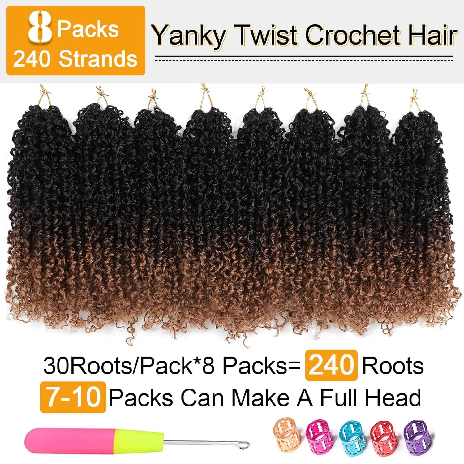 Aksice Pre-looped Yanky Twist Crochet Hair 8 Inch 8 Packs Bohemian Passion Twist Spring Mini Twist Crochet Hair for Black Women Boho Crochet Braids Synthetic (1B/4/30)