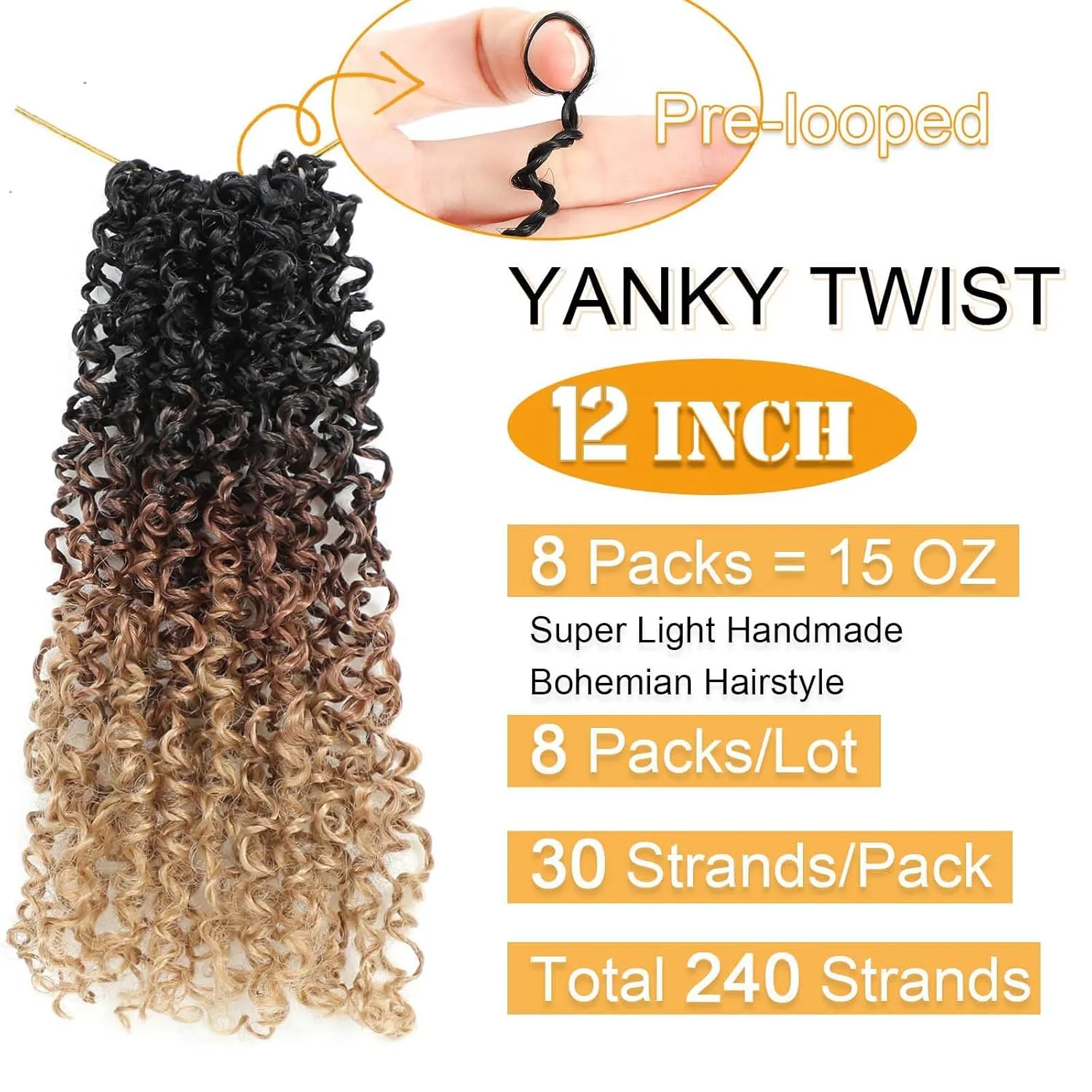 Aksice Yanky Twist Crochet Hair for Women 12 Inch 8 Packs Pre-looped Mini Twist Hair Bohemian Passion Twist Crochet Hair Boho Crochet Braids Synthetic (1B/30/27)