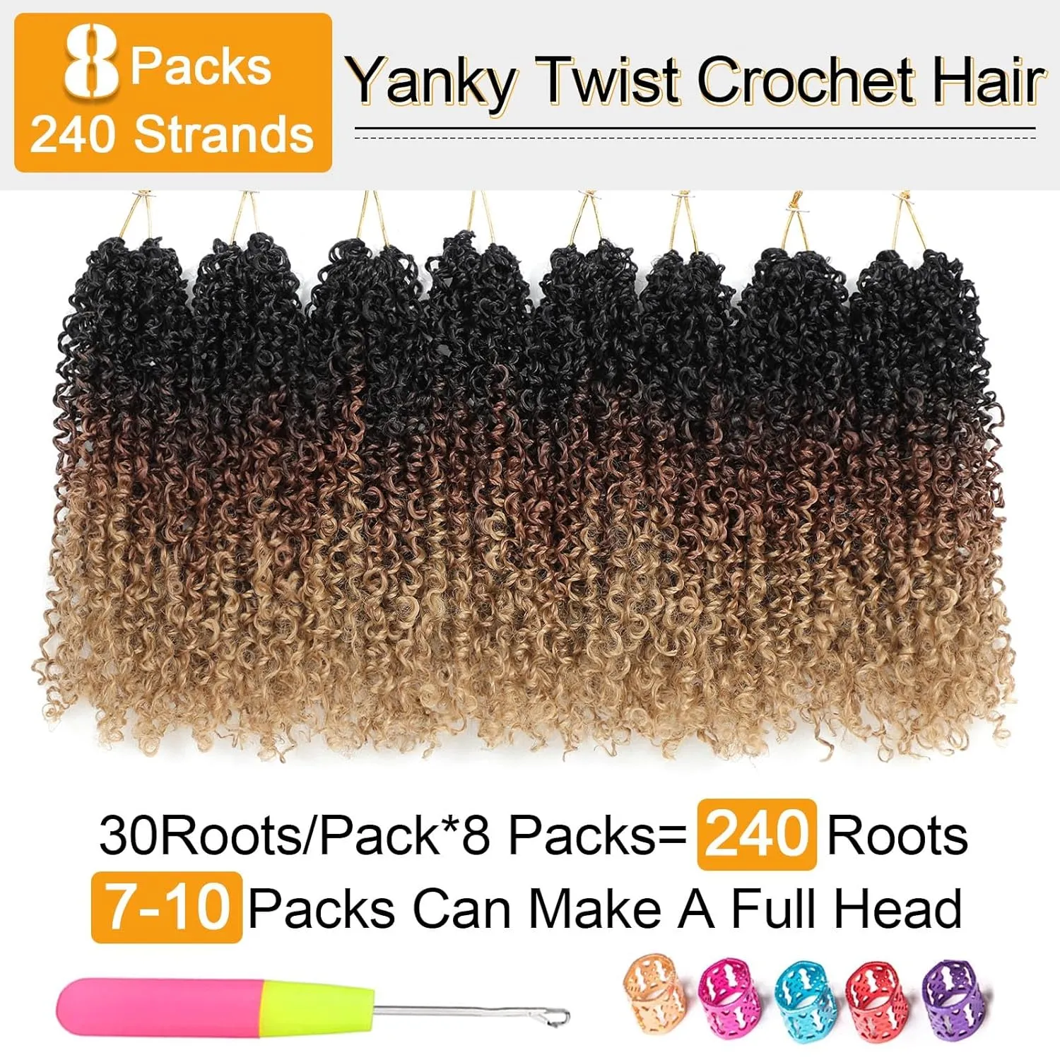 Aksice Yanky Twist Crochet Hair for Women 12 Inch 8 Packs Pre-looped Mini Twist Hair Bohemian Passion Twist Crochet Hair Boho Crochet Braids Synthetic (1B/30/27)