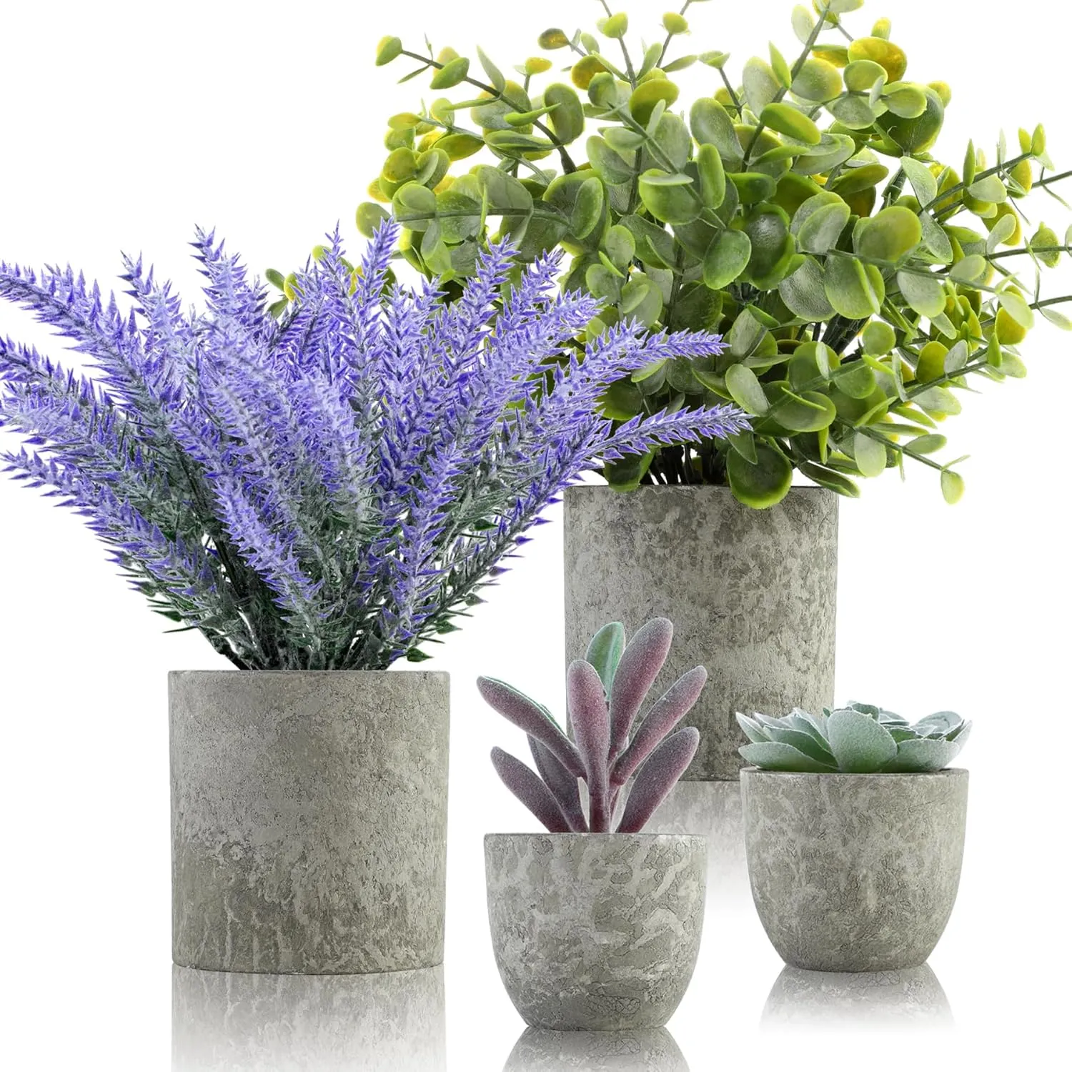 ALAGIRLS 4 Packs Fake Plants Small Artificial Plants for Shelf Lavender Flowers Eucalyptus Succulents Plants Potted Faux Plants for Home Indoor Office Bathroom Living Room Decor
