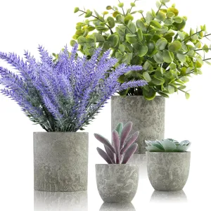 ALAGIRLS 4 Packs Fake Plants Small Artificial Plants for Shelf Lavender Flowers Eucalyptus Succulents Plants Potted Faux Plants for Home Indoor Office Bathroom Living Room Decor