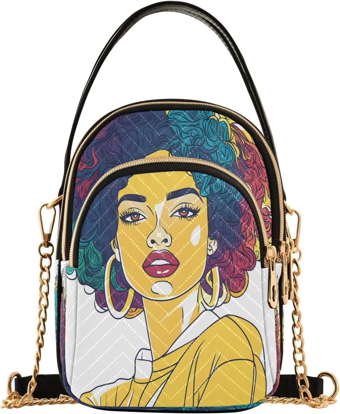 ALAZA Chain Crossbody Bags for Women Beautiful Girl with Explosive Hair Quilted Shoulder Crossbody Handbags Travel Cross Body Cell Phone Purses Bags