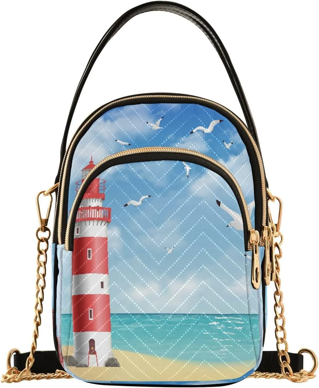 ALAZA Chain Crossbody Bags for Women Lighthouse on Beach with Seagulls Ocean Quilted Shoulder Crossbody Handbags Travel Cross Body Cell Phone Purses Bags
