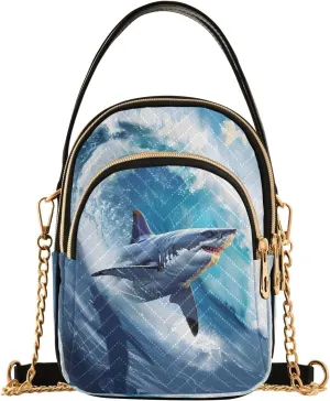 ALAZA Chain Crossbody Bags for Women Shark Killer Jumping Out Of The Sea Quilted Shoulder Crossbody Handbags Travel Cross Body Cell Phone Purses Bags