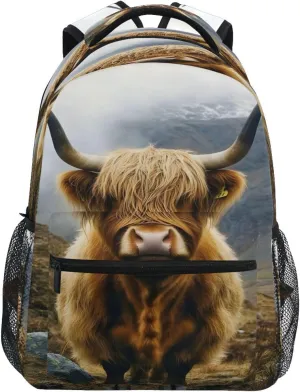 ALAZA Highland Cow Mountains Fog Cattle Backpacks for Girls Boys Elementary School Bag Kids Bookbag Personalized Travel Daypack 3rd 4th 5th Grade Rucksack 16in