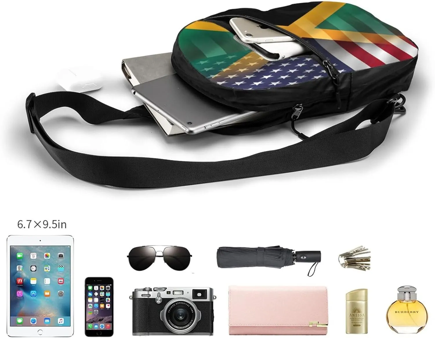 American Flag And Jamaican Flag Portable Crossbody Bag Foldable Sling Bags Sports Gym Chest Daypack Reusable Shoulder Backpack Casual Diagonally Rucksack Fanny Packs