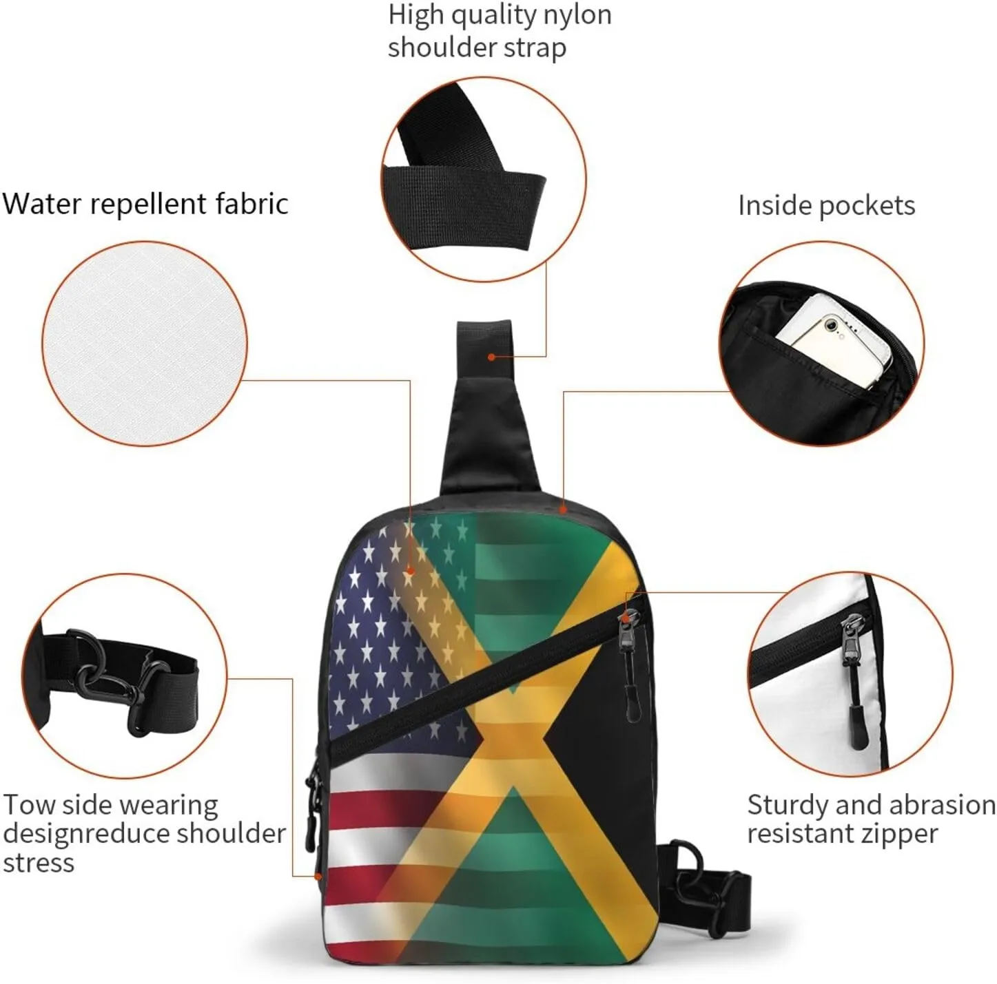 American Flag And Jamaican Flag Portable Crossbody Bag Foldable Sling Bags Sports Gym Chest Daypack Reusable Shoulder Backpack Casual Diagonally Rucksack Fanny Packs