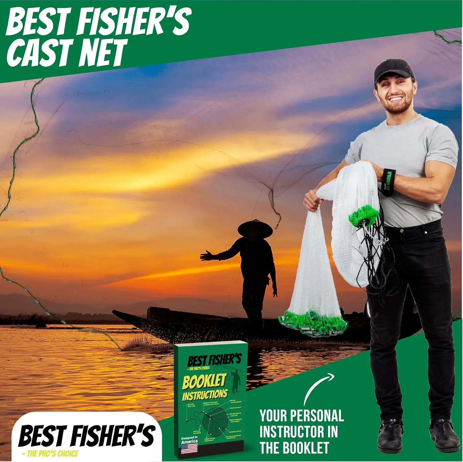 American Pro Cast Net - 4ft/6ft/8ft/10ft/12ft - 3/8" Mesh - Real Lead 1-lbs/ft Double Line - 2024 Upgraded & Optimized - Old Salt Premium Cast Nets for Fishing - E-Book & Utility Box Included