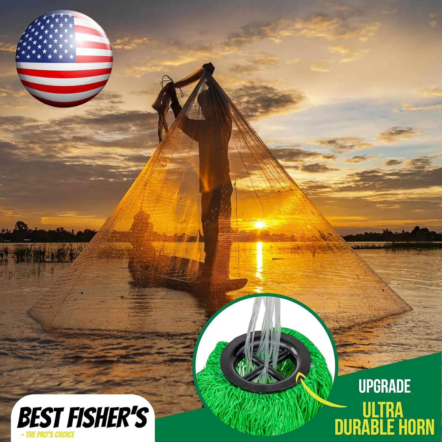 American Pro Cast Net - 4ft/6ft/8ft/10ft/12ft - 3/8" Mesh - Real Lead 1-lbs/ft Double Line - 2024 Upgraded & Optimized - Old Salt Premium Cast Nets for Fishing - E-Book & Utility Box Included