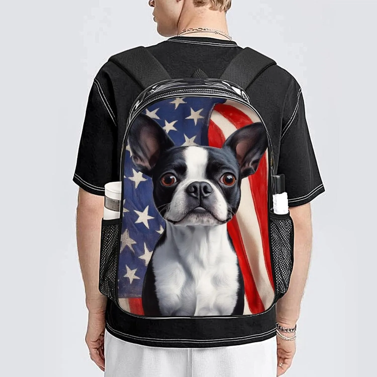American Us Flag Boston Terrier Backpack Transparent Multipurpose Anti-Theft Shoulder Bag Big Capacity Gym Outdoor Hiking Backpack With Padded Straps