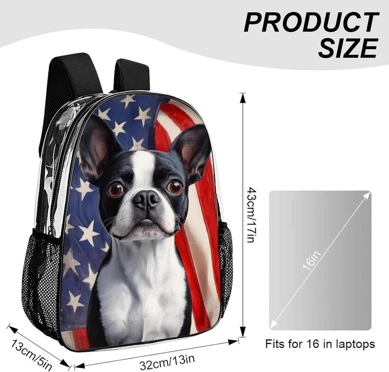 American Us Flag Boston Terrier Backpack Transparent Multipurpose Anti-Theft Shoulder Bag Big Capacity Gym Outdoor Hiking Backpack With Padded Straps