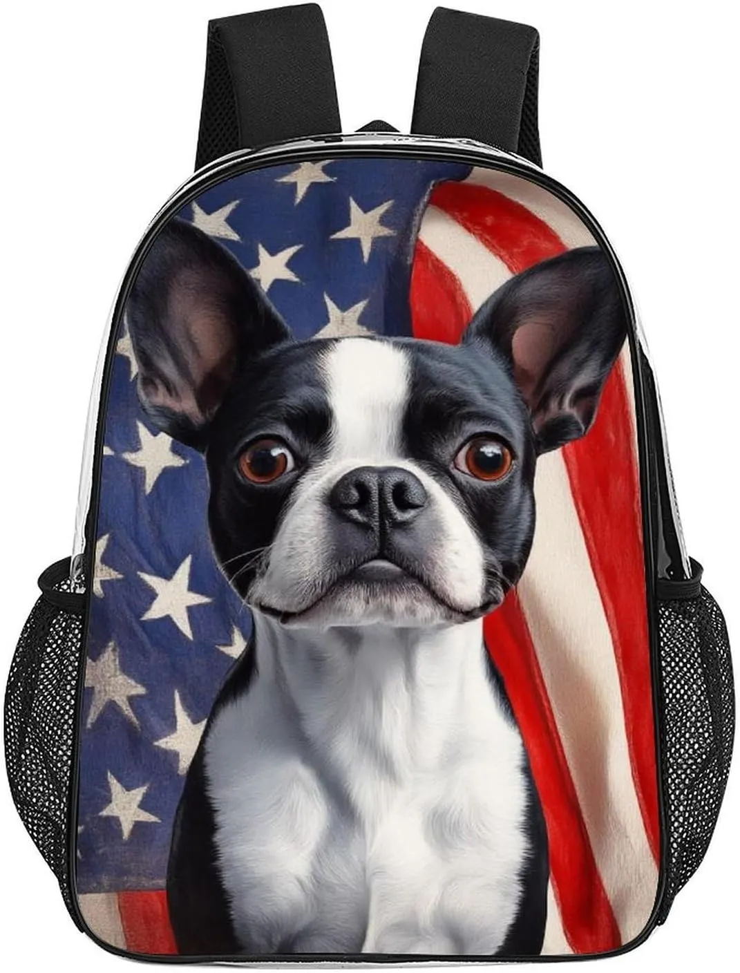 American Us Flag Boston Terrier Backpack Transparent Multipurpose Anti-Theft Shoulder Bag Big Capacity Gym Outdoor Hiking Backpack With Padded Straps