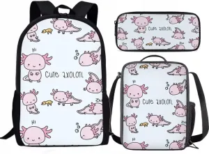 AmzPrint 17 Inch Cute Axolotl Cartoon Print Kawaii Boys Girls Kids Primary Backpack With Pencil Bag 3pcs Bookbag Set