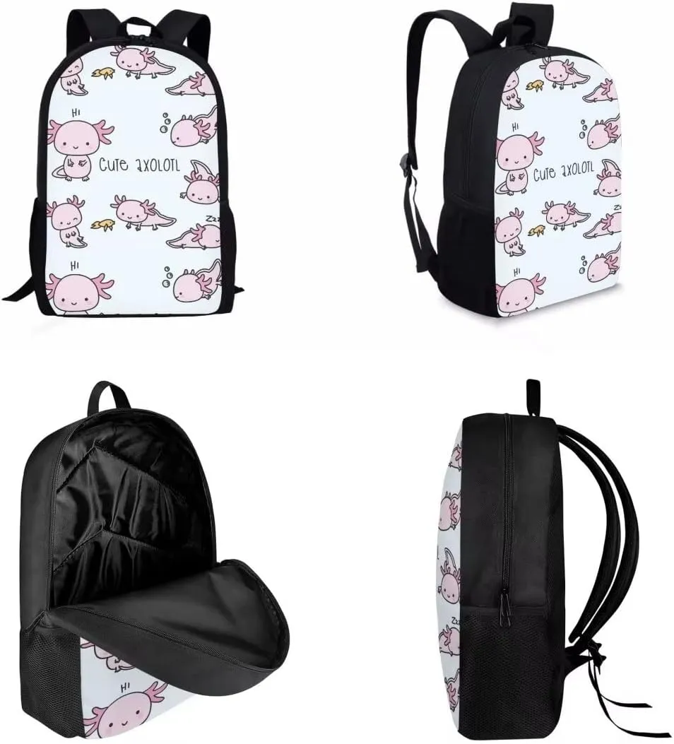 AmzPrint 17 Inch Cute Axolotl Cartoon Print Kawaii Boys Girls Kids Primary Backpack With Pencil Bag 3pcs Bookbag Set