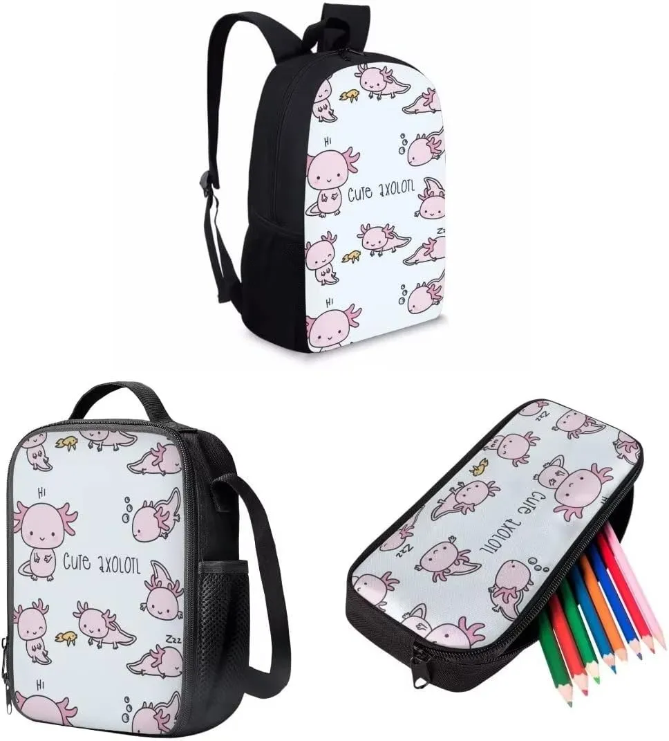 AmzPrint 17 Inch Cute Axolotl Cartoon Print Kawaii Boys Girls Kids Primary Backpack With Pencil Bag 3pcs Bookbag Set