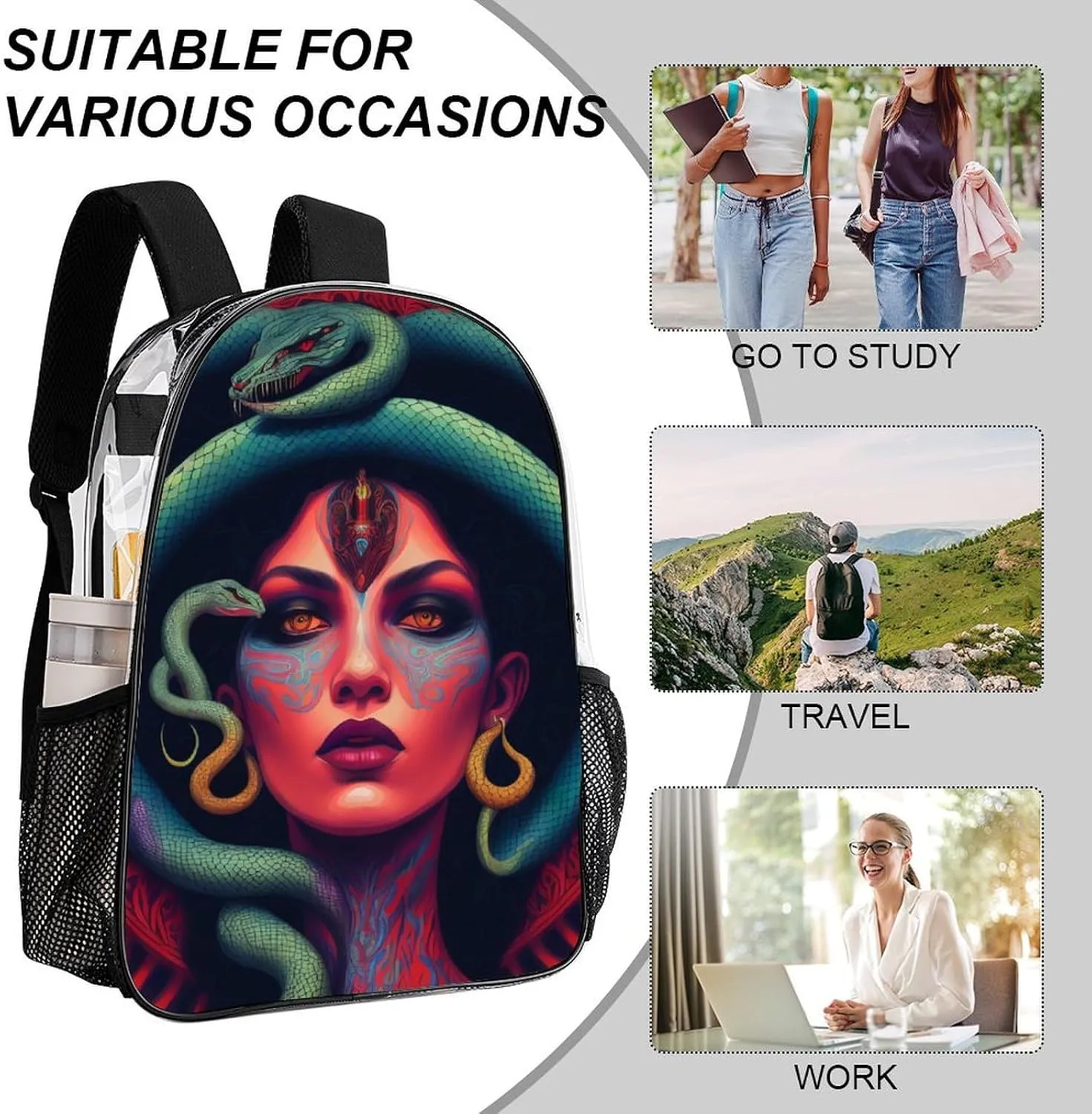 Ancient Greece Snake Queen Medusa Art Backpack Transparent Multipurpose Anti-Theft Shoulder Bag Big Capacity Gym Outdoor Hiking Backpack With Padded Straps