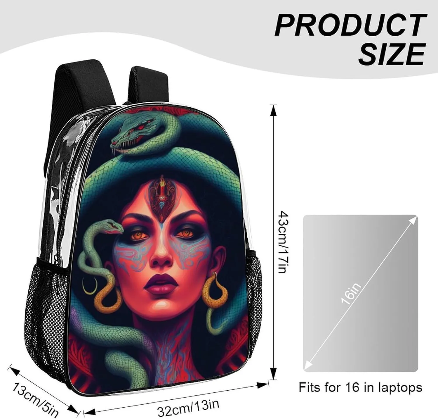 Ancient Greece Snake Queen Medusa Art Backpack Transparent Multipurpose Anti-Theft Shoulder Bag Big Capacity Gym Outdoor Hiking Backpack With Padded Straps