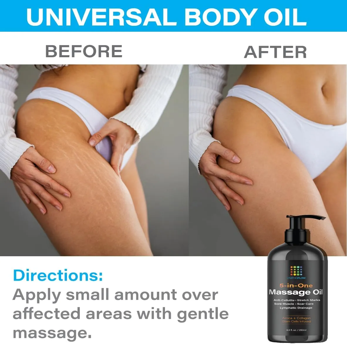 Anti Cellulite Massage Oil with Collagen Stem Cells, Arnica Oil for Lymphatic Drainage, Pain Relief, Sore Muscle, Stretch Marks, Scar and Keloid Removal, Piercing Care, Massager Tool, 8.5 Fl Oz