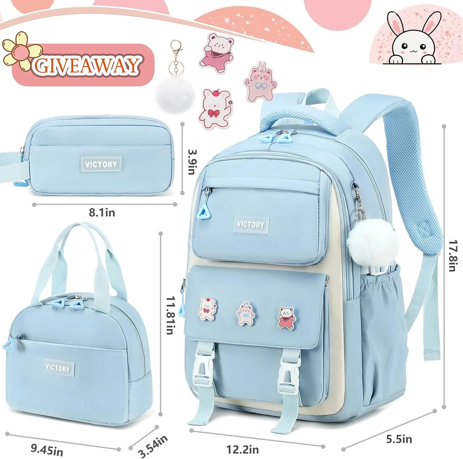 AO ALI VICTORY Backpack for Women Girls Set with Pencil Case 15.6 Inch Laptop School Bag Kids Elementary College Backpacks