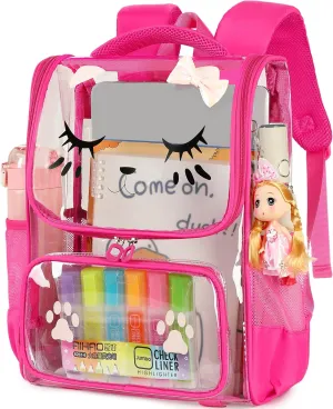 AO ALI VICTORY Clear Girls Backpacks Heavy Duty PVC Transparent Cute Backpack for Kids Toddler Girls Preschool Bookbags Elementary School Bag See Through Casual Travel Daypack,Rose Red