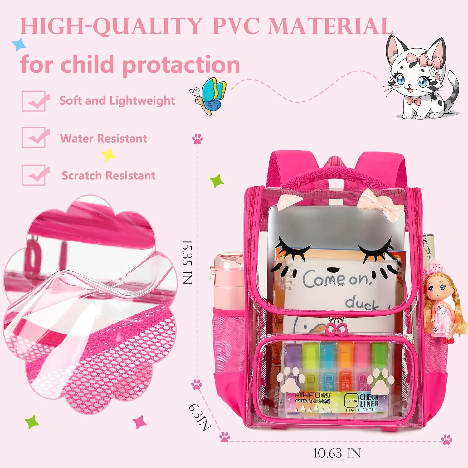 AO ALI VICTORY Clear Girls Backpacks Heavy Duty PVC Transparent Cute Backpack for Kids Toddler Girls Preschool Bookbags Elementary School Bag See Through Casual Travel Daypack,Rose Red
