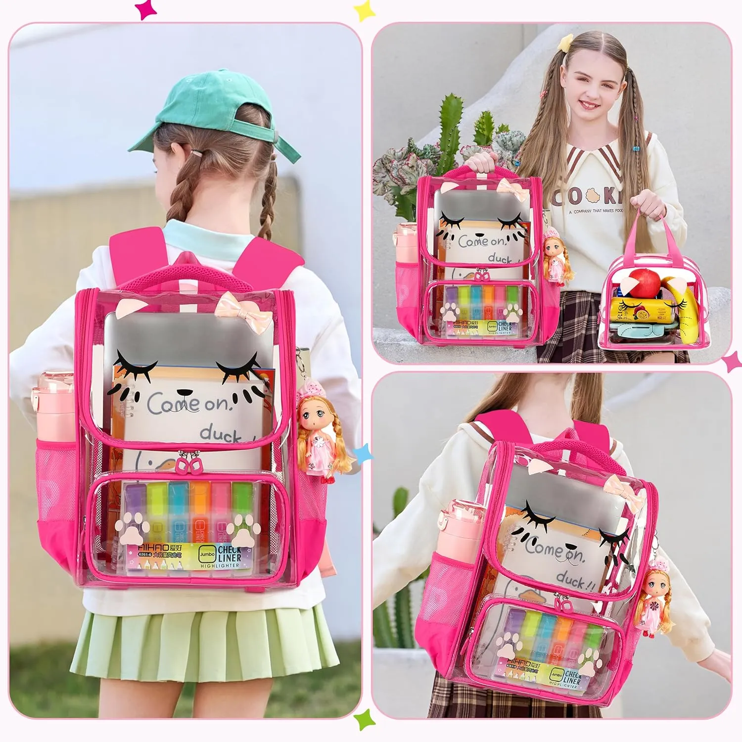 AO ALI VICTORY Clear Girls Backpacks Heavy Duty PVC Transparent Cute Backpack for Kids Toddler Girls Preschool Bookbags Elementary School Bag See Through Casual Travel Daypack,Rose Red