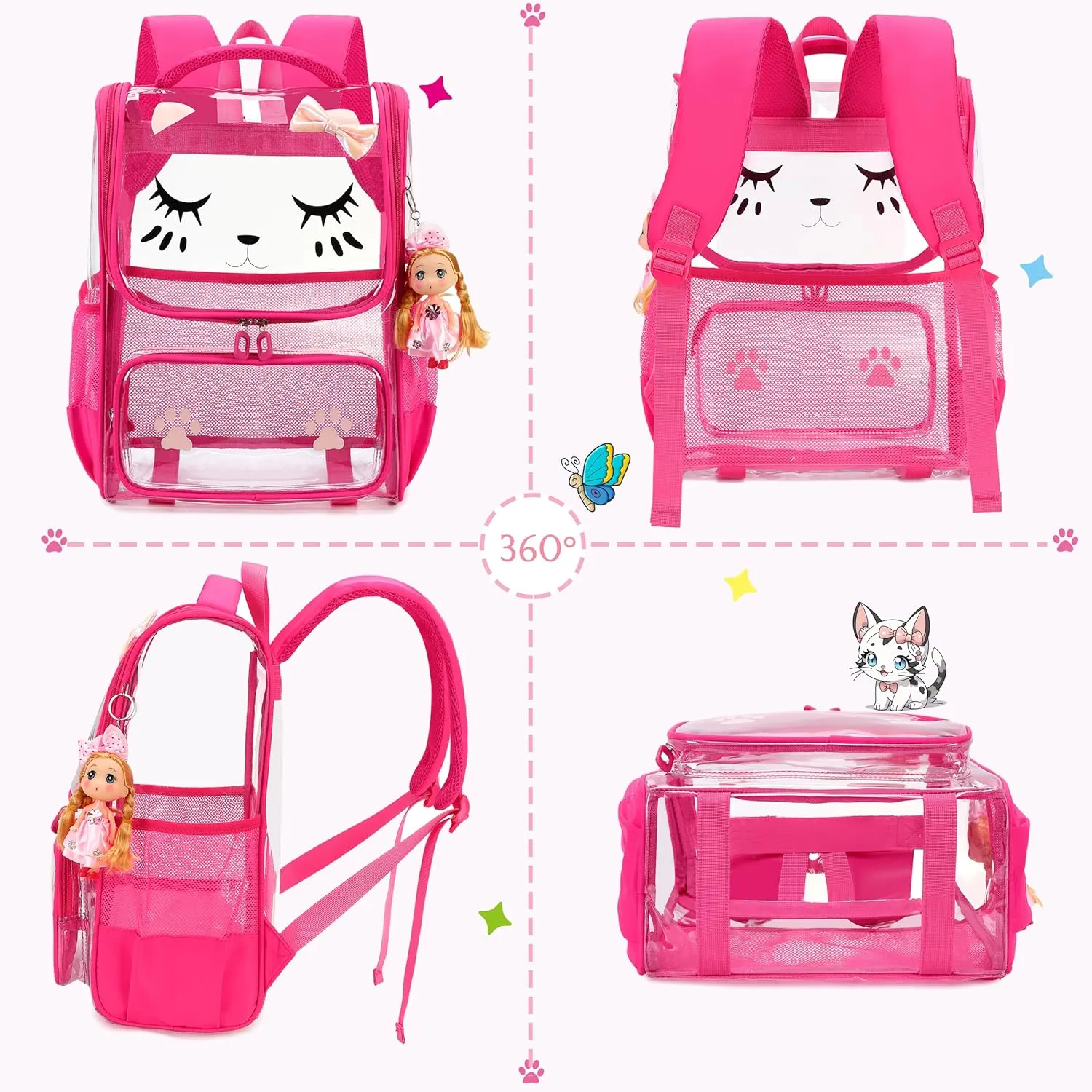 AO ALI VICTORY Clear Girls Backpacks Heavy Duty PVC Transparent Cute Backpack for Kids Toddler Girls Preschool Bookbags Elementary School Bag See Through Casual Travel Daypack,Rose Red