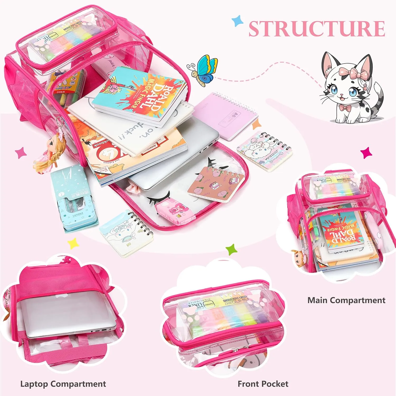 AO ALI VICTORY Clear Girls Backpacks Heavy Duty PVC Transparent Cute Backpack for Kids Toddler Girls Preschool Bookbags Elementary School Bag See Through Casual Travel Daypack,Rose Red