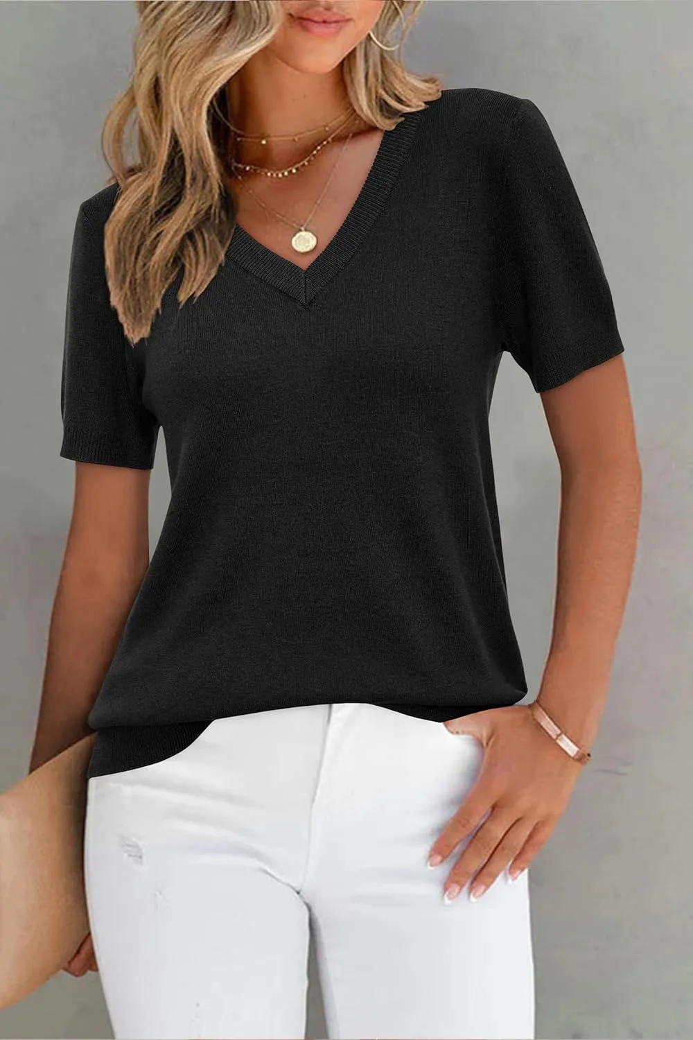Arach&Cloz 2025 Womens Wool Blend Sweater Soft V Neck Short Sleeve Spring Fashion Pullover Tops Business Casual Outfits