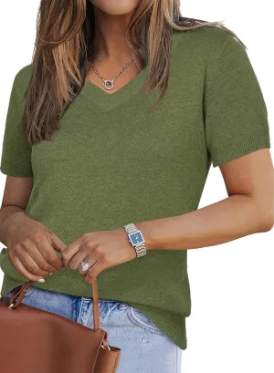 Arach&Cloz 2025 Womens Wool Blend Tops Soft V Neck Short Sleeve Summer Fashion Sweater Pullover Business Casual Outfits