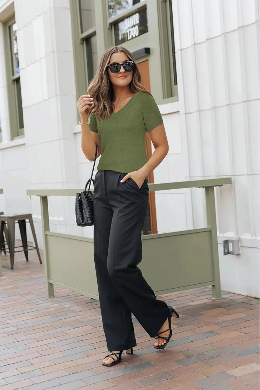 Arach&Cloz 2025 Womens Wool Blend Tops Soft V Neck Short Sleeve Summer Fashion Sweater Pullover Business Casual Outfits