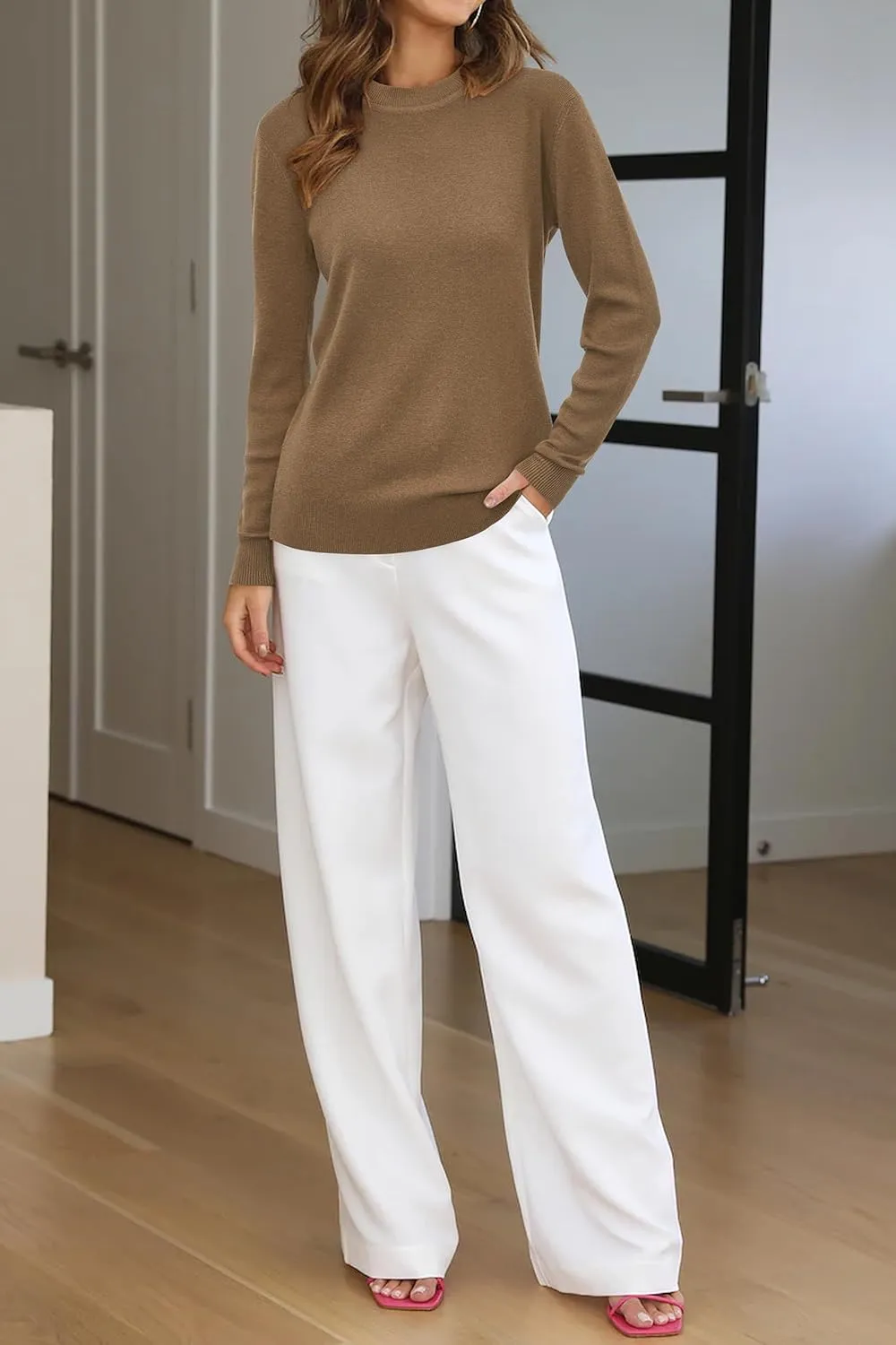 Arach&Cloz Women Spring Fashion Wool Blend Sweater 2025 Long Sleeve Crew Neck Business Casual Pullover Tops Trendy Outfits