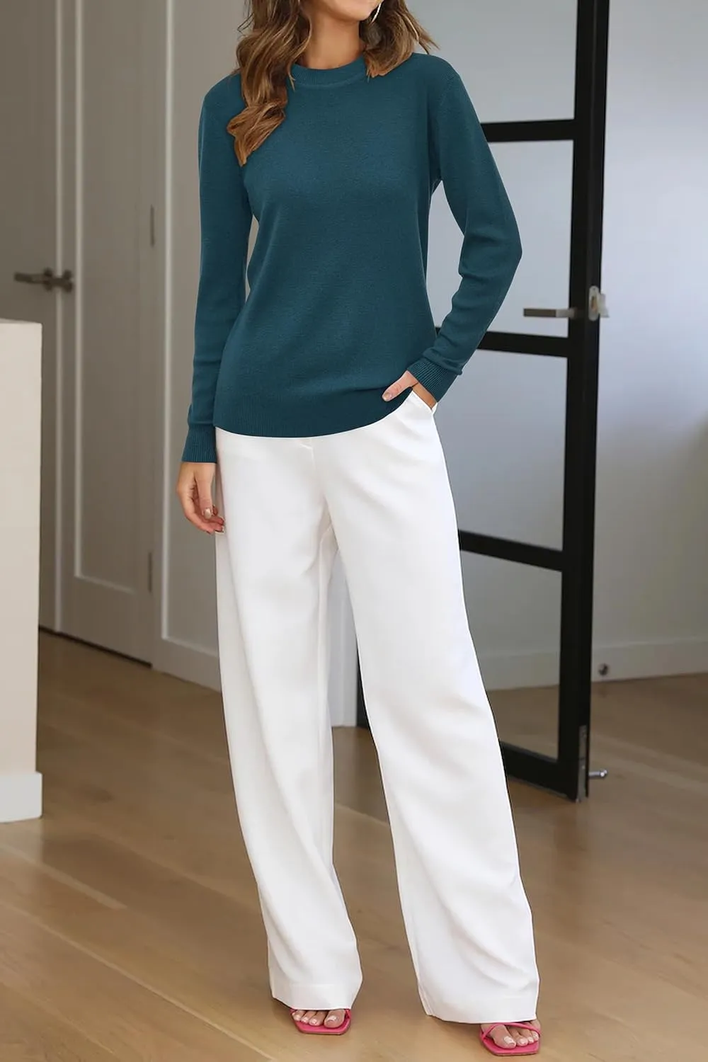 Arach&Cloz Women Spring Fashion Wool Blend Sweater 2025 Long Sleeve Crew Neck Business Casual Pullover Tops Trendy Outfits