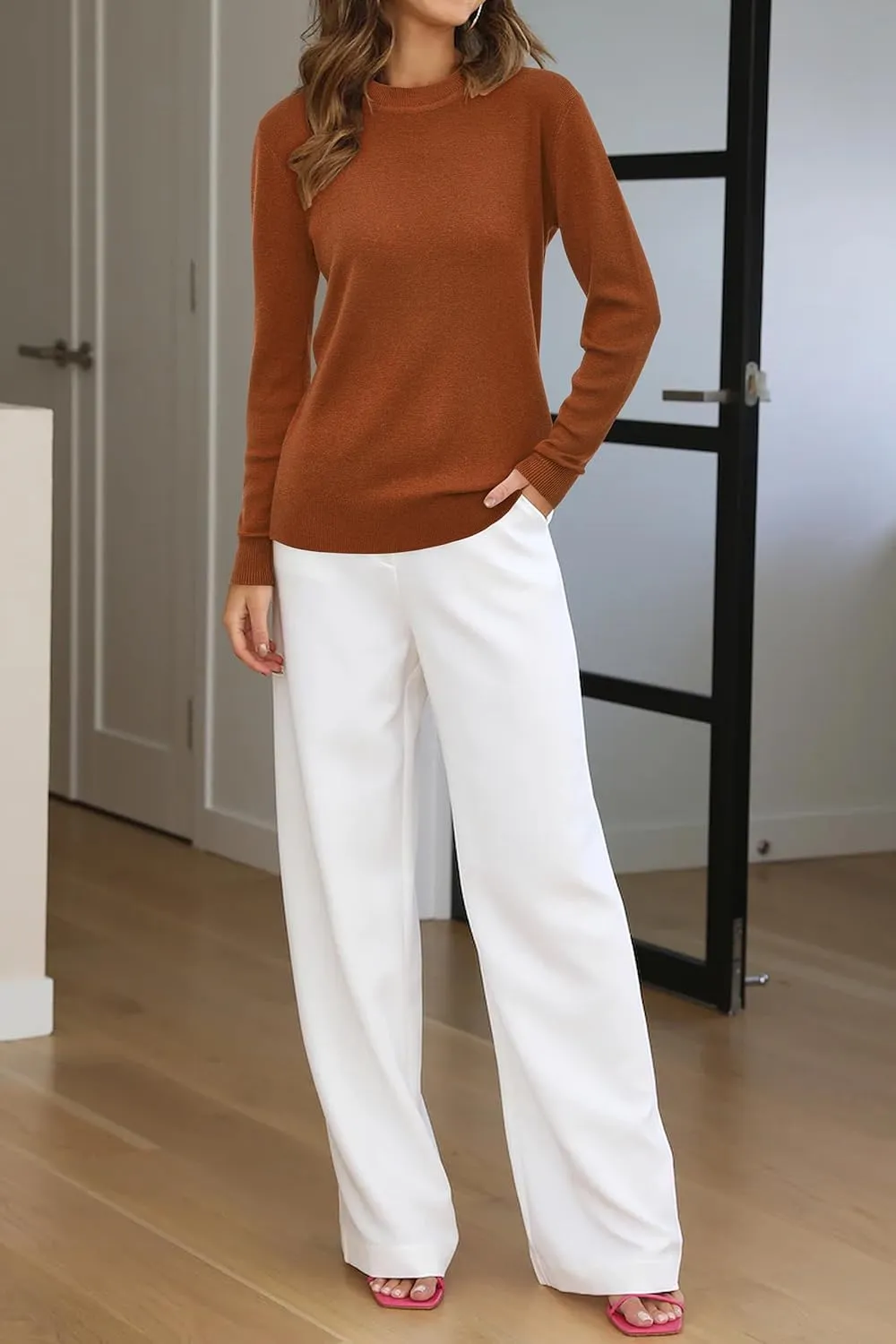 Arach&Cloz Women Spring Fashion Wool Blend Sweater 2025 Long Sleeve Crew Neck Business Casual Pullover Tops Trendy Outfits