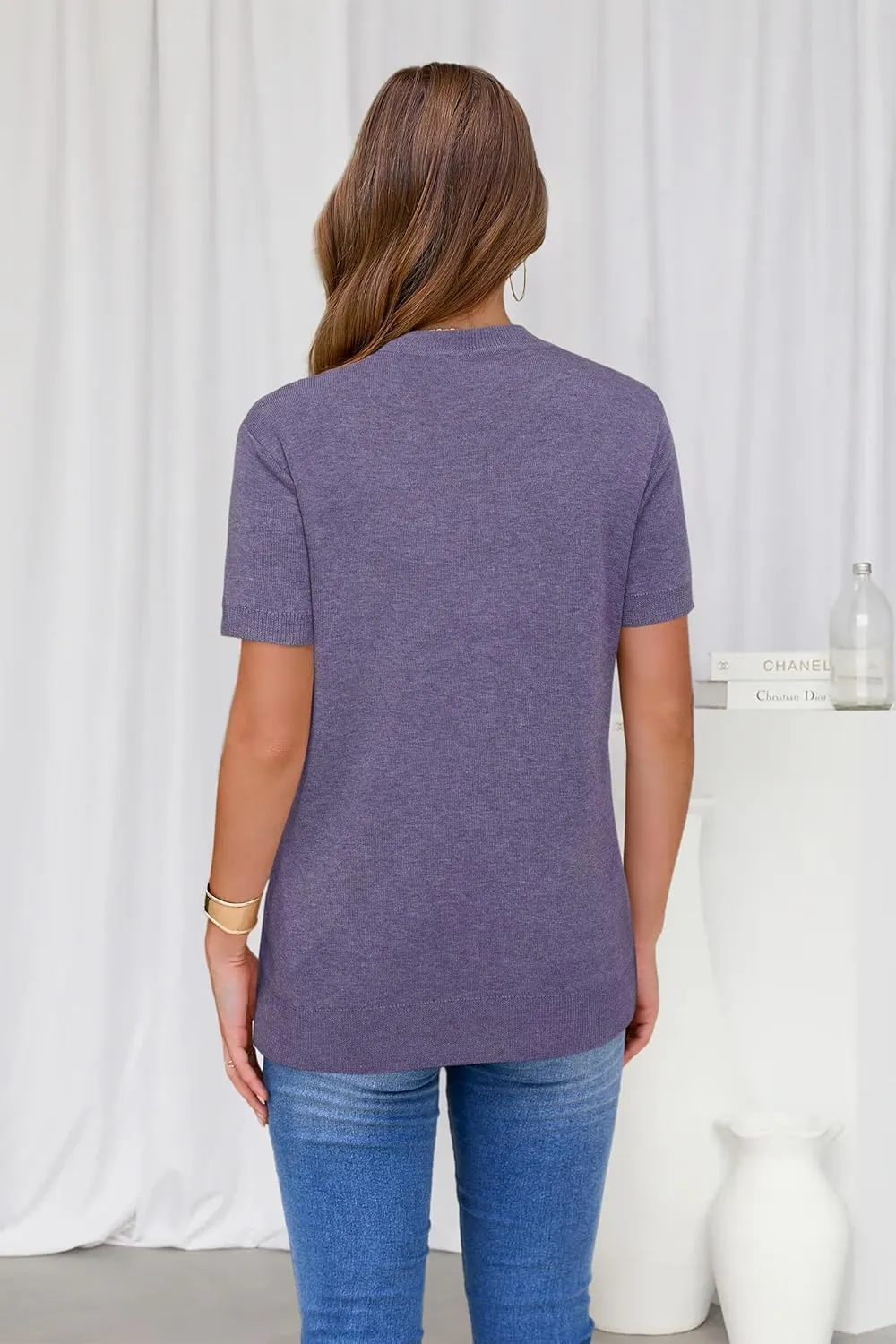 Arach&Cloz Women's Wool Blend Loose Fit Soft Summer Sweater Short Sleeve Crew Neck Casual Pullover Tops Trendy Outfits 2025