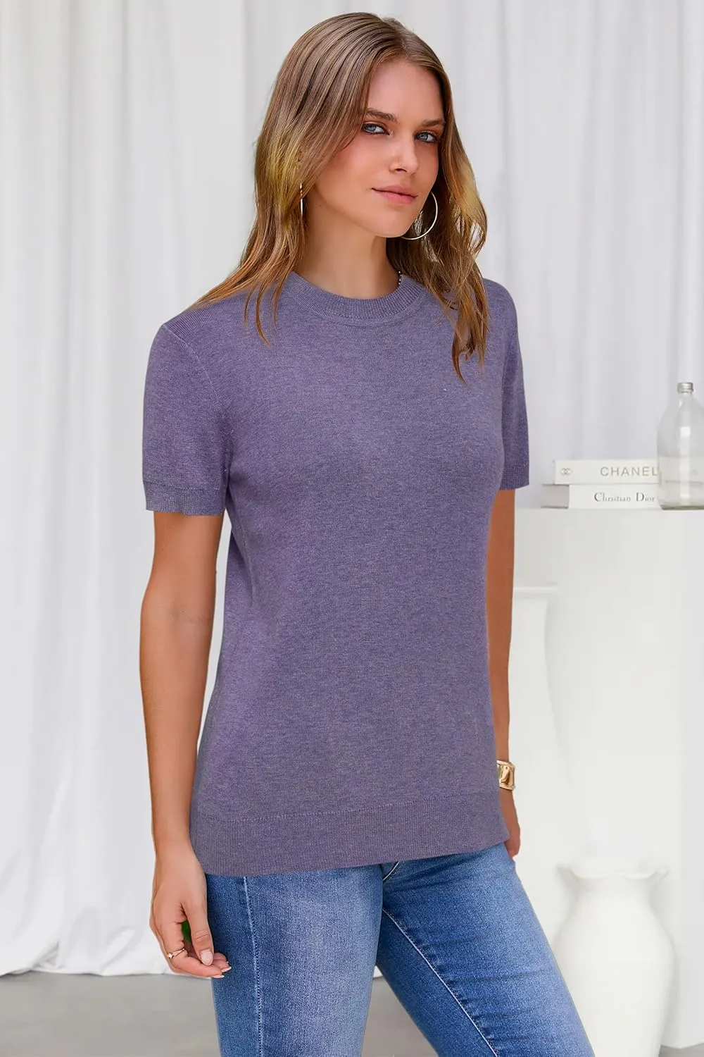 Arach&Cloz Women's Wool Blend Loose Fit Soft Summer Sweater Short Sleeve Crew Neck Casual Pullover Tops Trendy Outfits 2025