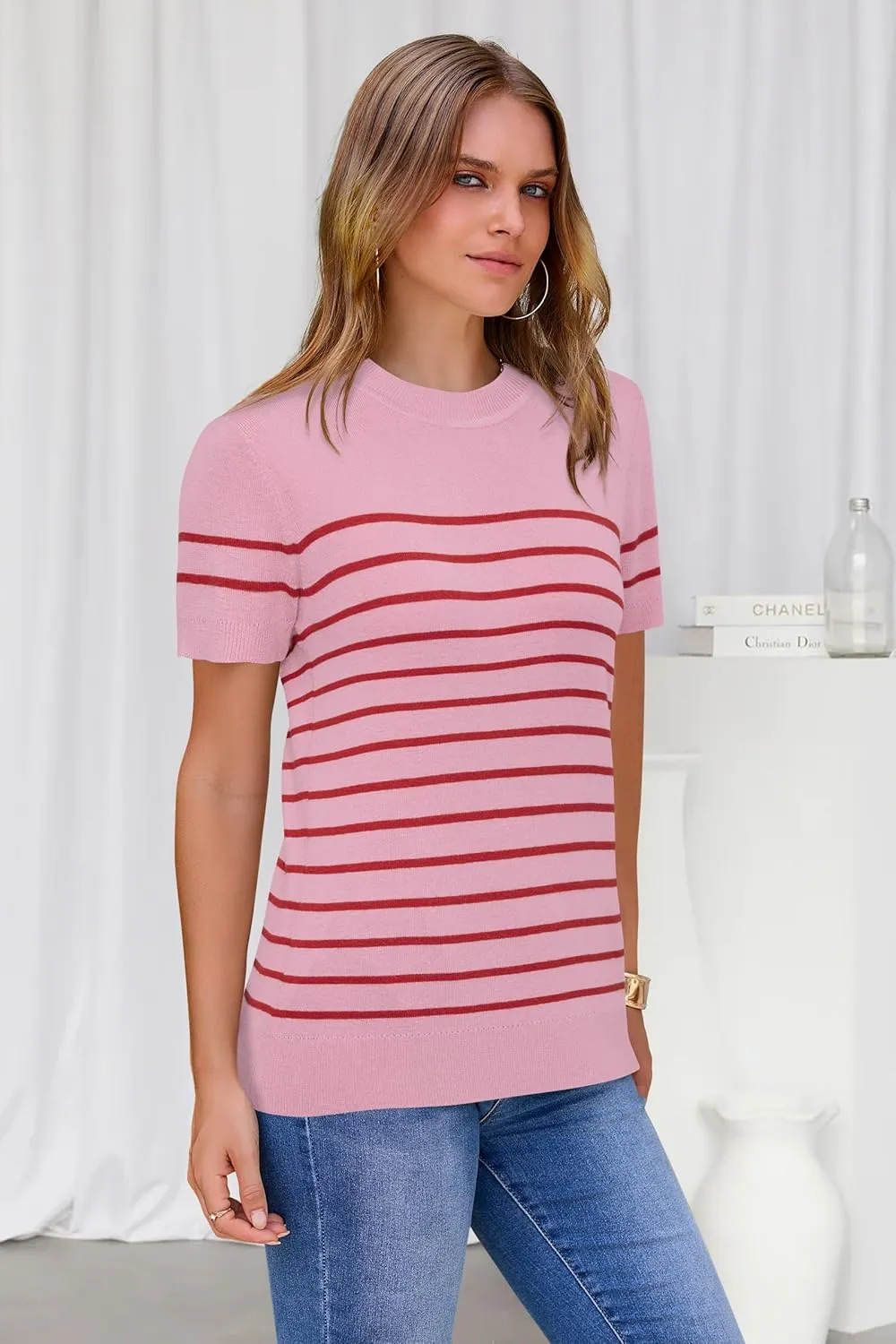 Arach&Cloz Women's Wool Blend Loose Fit Soft Summer Sweater Short Sleeve Crew Neck Casual Pullover Tops Trendy Outfits 2025
