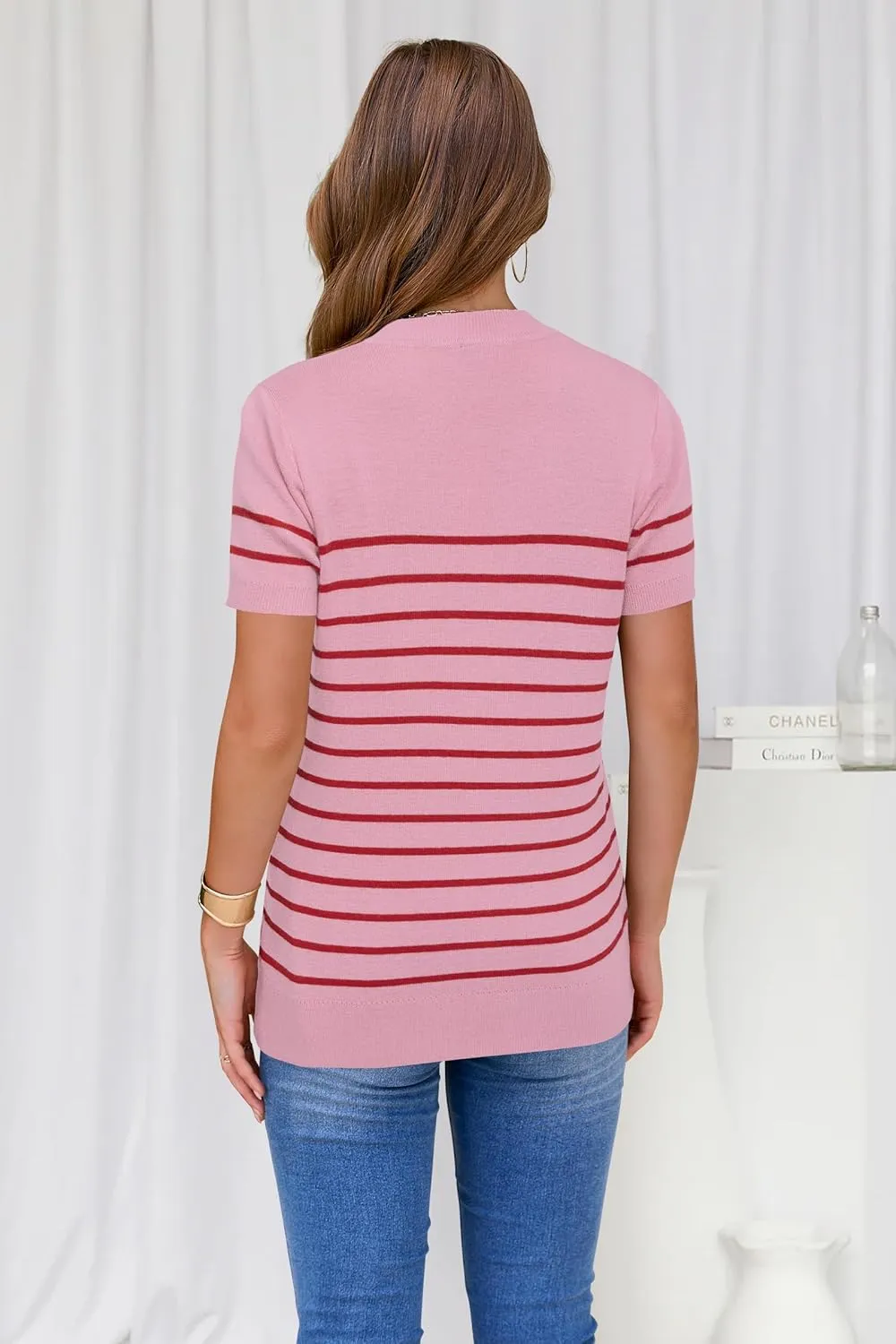Arach&Cloz Women's Wool Blend Loose Fit Soft Summer Sweater Short Sleeve Crew Neck Casual Pullover Tops Trendy Outfits 2025