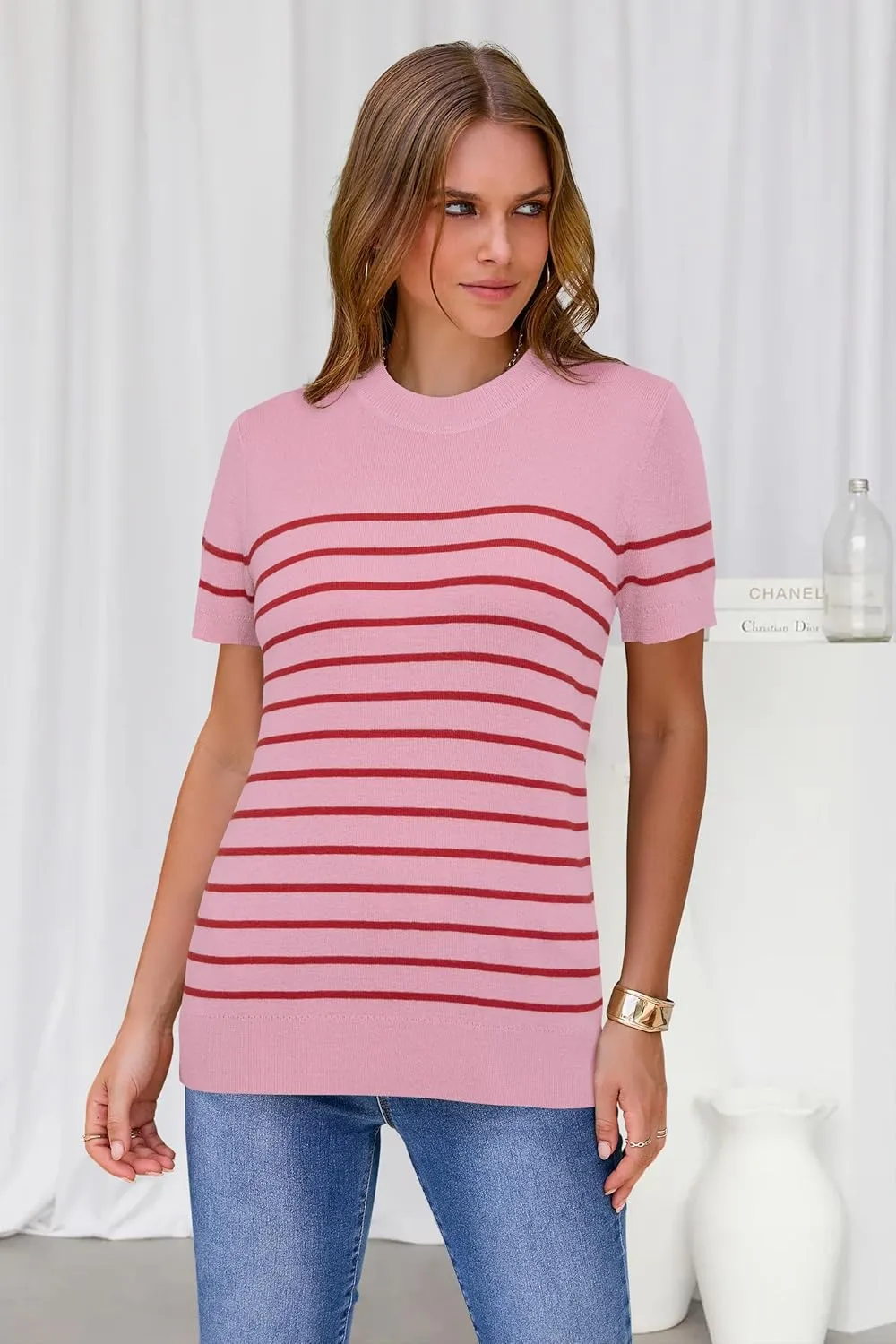 Arach&Cloz Women's Wool Blend Loose Fit Soft Summer Sweater Short Sleeve Crew Neck Casual Pullover Tops Trendy Outfits 2025