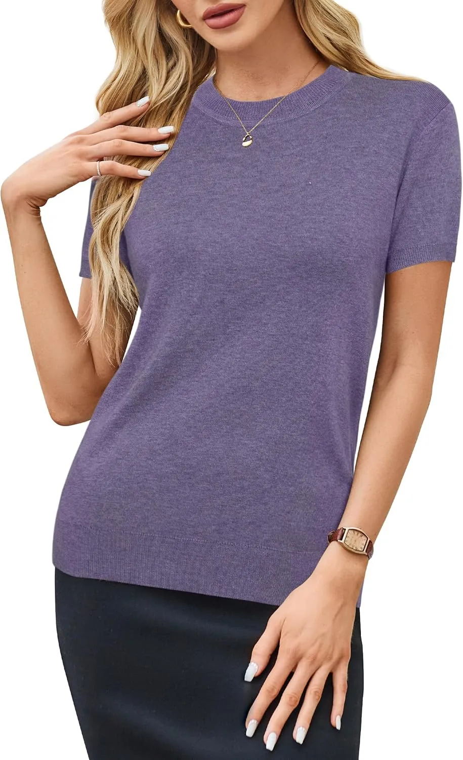 Arach&Cloz Women's Wool Blend Loose Fit Soft Summer Sweater Short Sleeve Crew Neck Casual Pullover Tops Trendy Outfits 2025