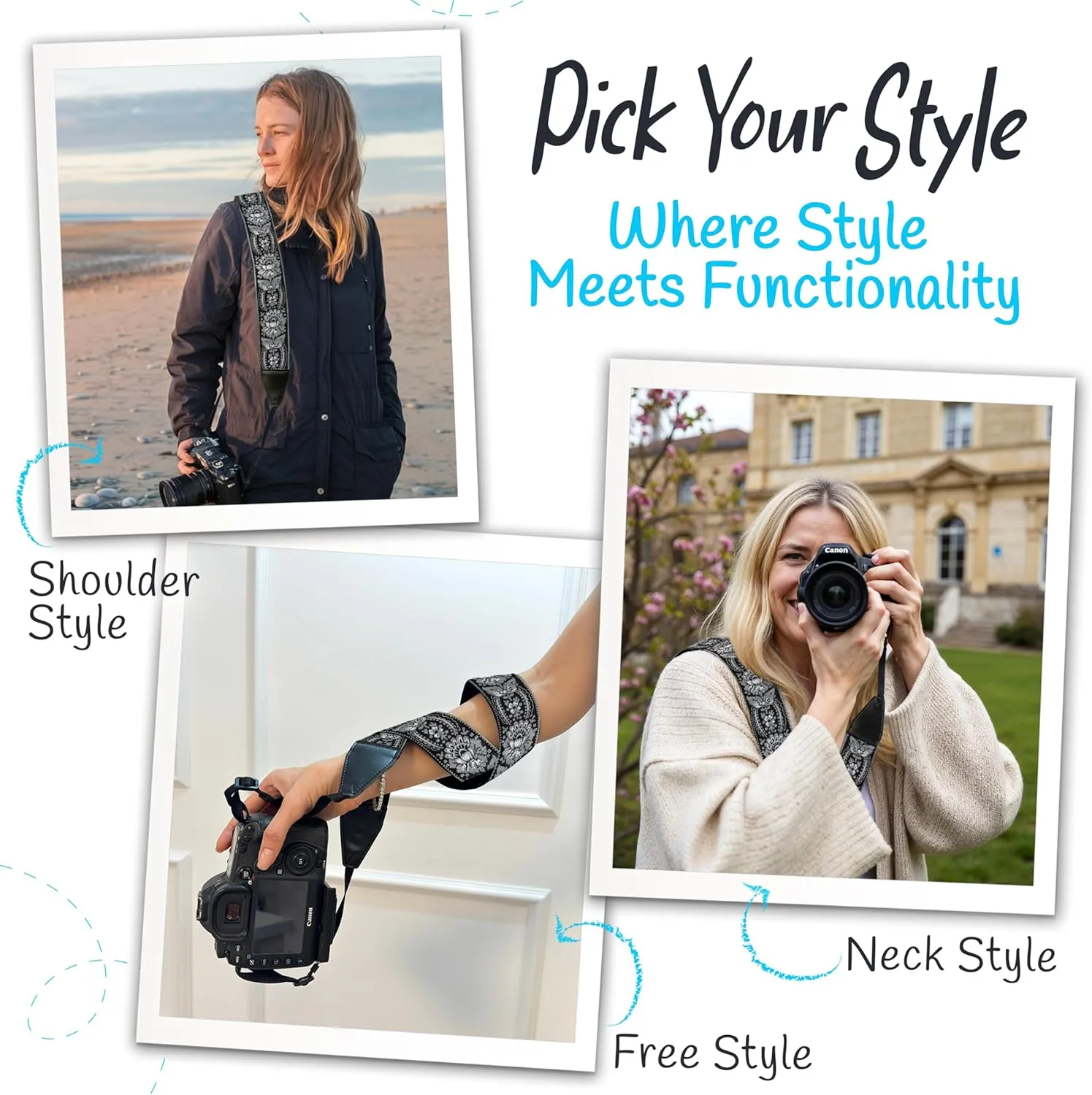 Art Tribute Camera Strap for All DSLR and Mirrorless Camera Including Binoculars. Embroidered Silver & Black Woven Strap Universal Neck Crossbody & Shoulder Belt, Gift for Photographers Men & Women