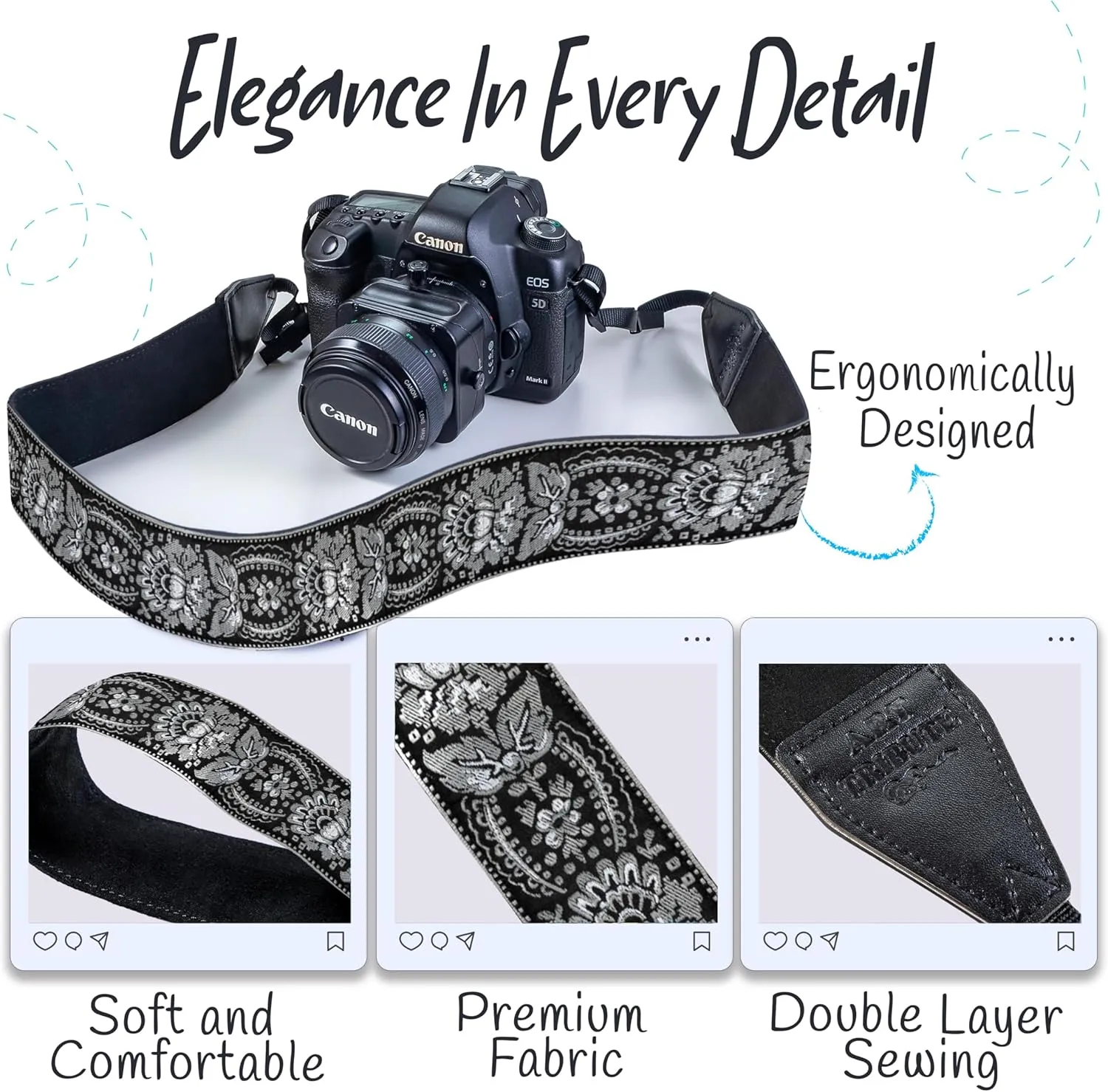 Art Tribute Camera Strap for All DSLR and Mirrorless Camera Including Binoculars. Embroidered Silver & Black Woven Strap Universal Neck Crossbody & Shoulder Belt, Gift for Photographers Men & Women